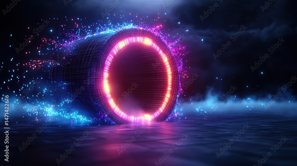 Poster an illuminated portal shimmers with ethereal neon light on a dark futuristic surface under a cloudy 