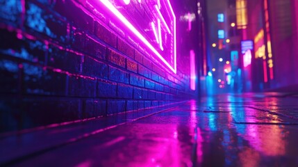 Fototapeta premium Vibrant Neon Lights Reflecting on Wet Streets in a City Alley at Night with Misty Atmosphere and Colorful Glow