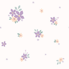 Seamless floral pattern, romantic ditsy print in liberty style. Pretty botanical design of small hand drawn flowers, tiny leaves, simple bouquets in delicate pastel colors. Vector illustration.