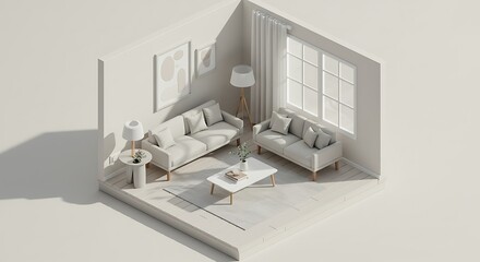 Minimalist Living Room Interior Design Isometric 3D Rendering