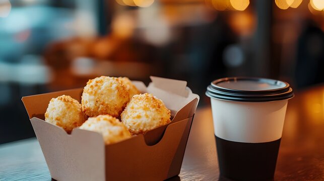 Takeaway box with coconut macaroons and a coffee cup in a cozy cafe.