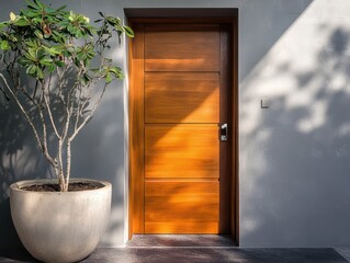 Modern home entrance featuring a wooden door and potted plumeria tree against a gray wall in natural sunlight