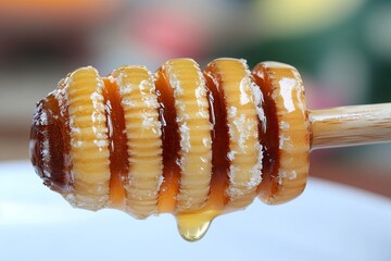 A close-up of a honey dipper with golden honey dripping from it