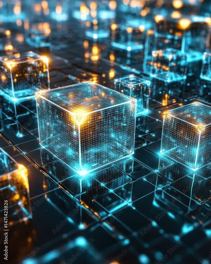 Poster abstract digital cubes floating on a reflective surface with glowing lights and grid lines close up 