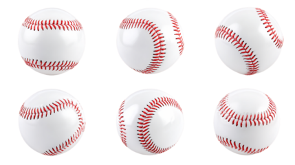 Six Baseball Views: White Leather Balls with Red Stitching on Transparent Background, PNG