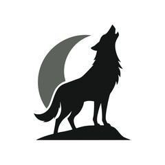 Silhouette of a howling wolf with crescent moon against a white background for logo design