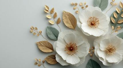 Stunning floral arrangement with white flowers and gold leaves on a light background