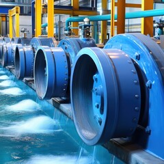 Industrial water pumps discharging water perspective view in factory setting blue and yellow tones