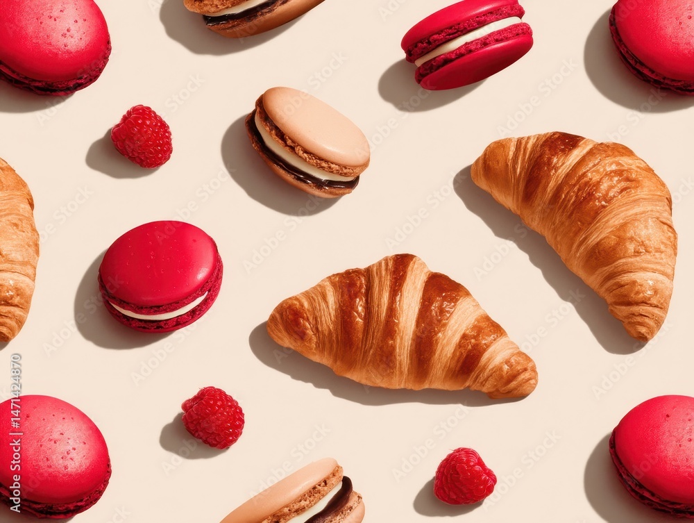 Poster overhead flat lay of macarons croissants and raspberries on a light background in a studio setting f
