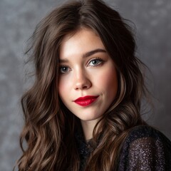 Fototapeta premium A woman with long brown hair and red lipstick