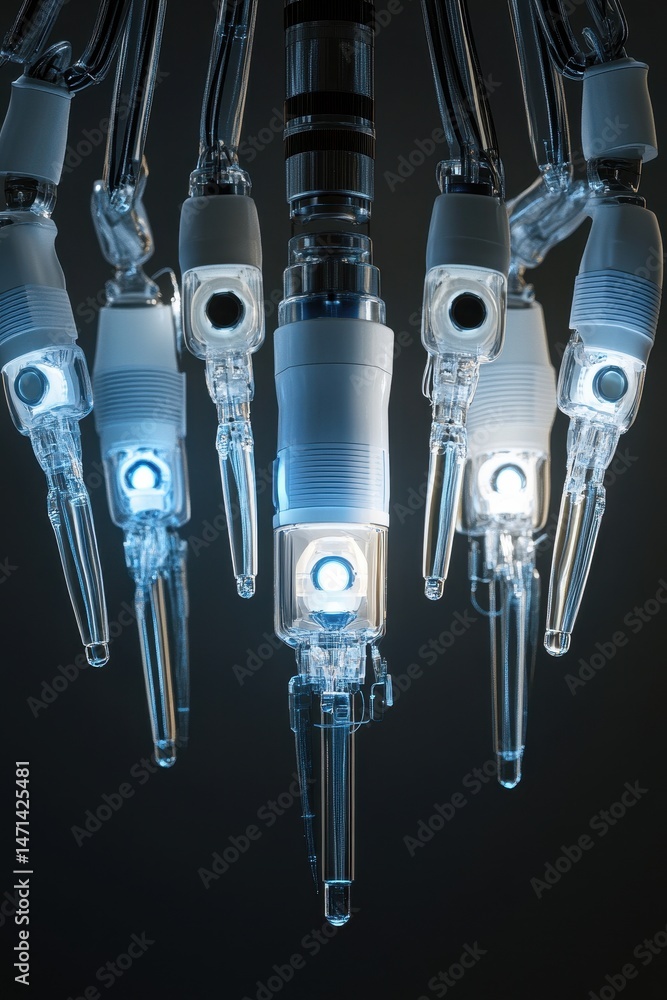 Poster robotic hand close up abstract view of futuristic technology with glowing lights and clear materials
