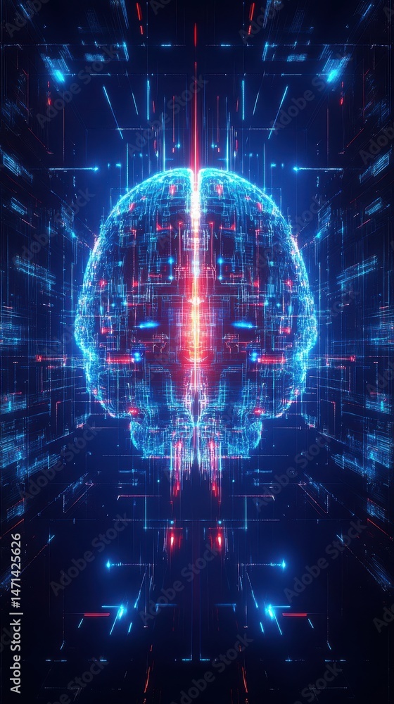 Poster digital brain illustration of artificial intelligence concept with glowing lines and data streams fr