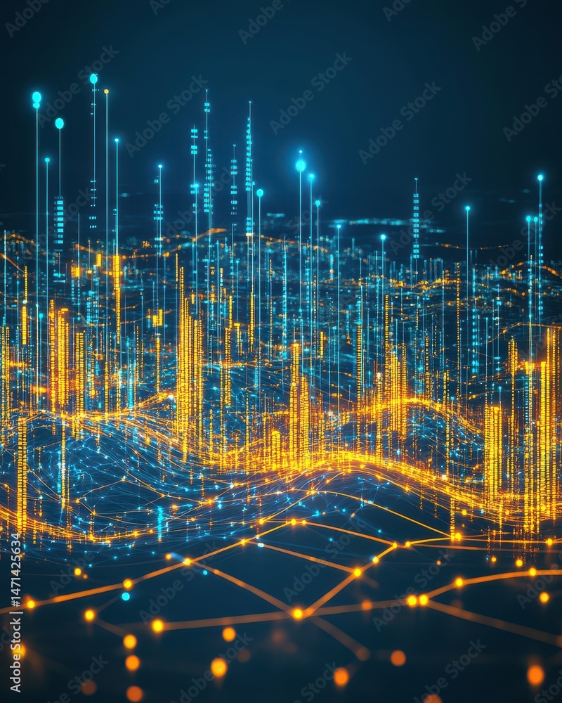 Poster abstract data visualization showing digital city skyline with glowing lines and nodes on dark backgr