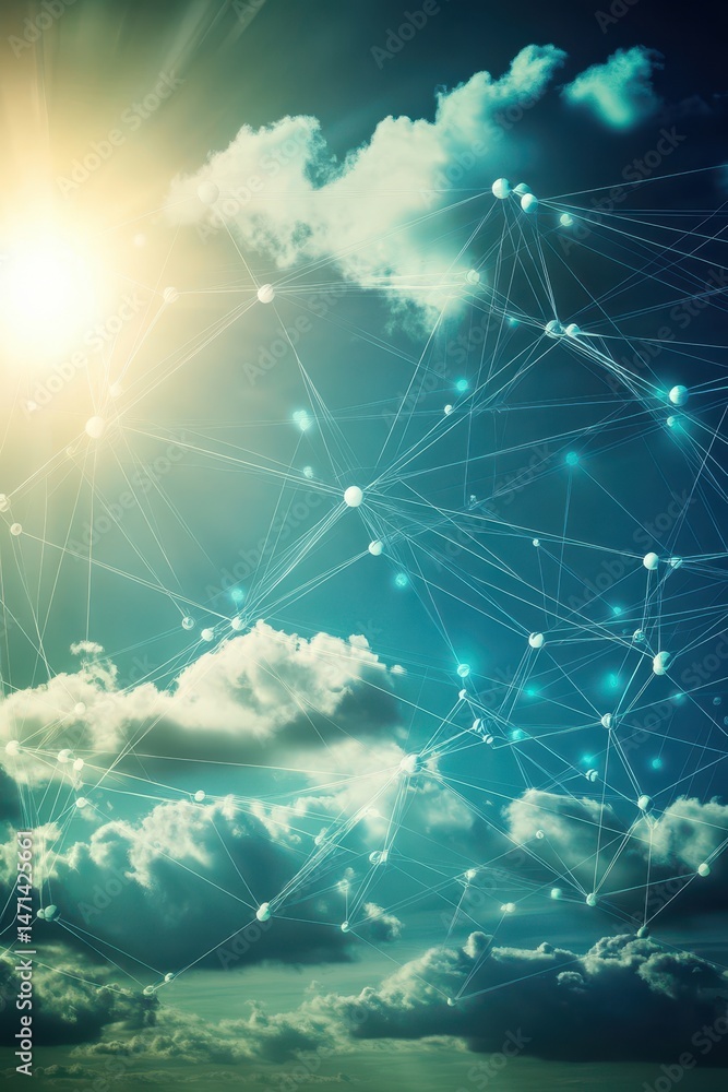 Aufkleber network connection above clouds digital illustration of sky and sun rays with global connectivity an