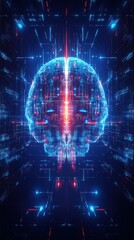 Fototapeta premium Digital Brain Illustration of Artificial Intelligence Concept with Glowing Lines and Data Streams from Low Angle View