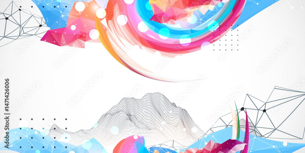 Sticker abstract artwork with colorful waves, polygonal shapes and wireframe mountain. vector