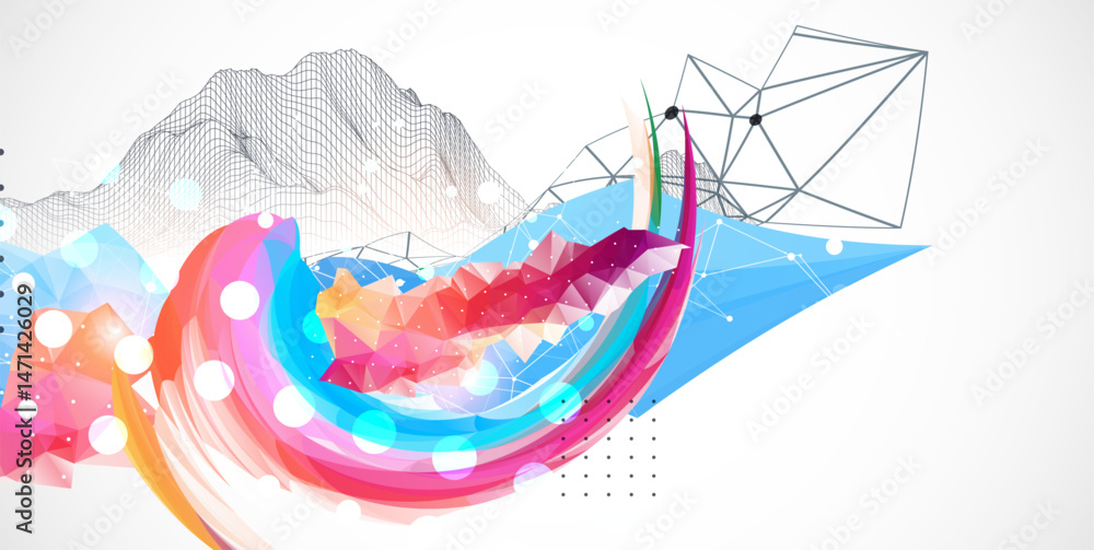 Sticker abstract artwork with colorful waves, polygonal shapes and wireframe mountain. vector