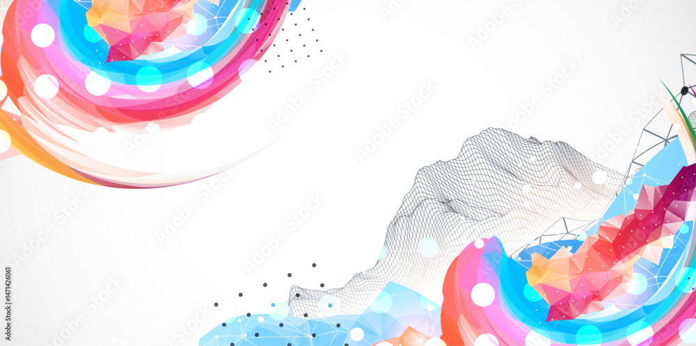 Poster abstract artwork with colorful waves, polygonal shapes and wireframe mountain. vector
