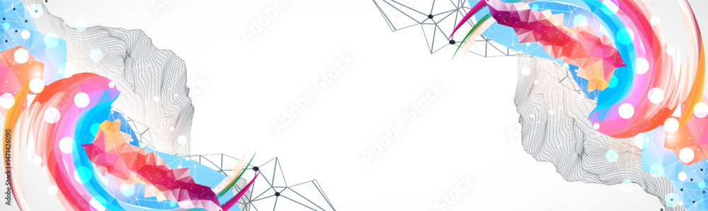 Sticker abstract artwork with colorful waves, polygonal shapes and wireframe mountain. vector