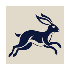 Elegant minimalist illustration of a jumping hare in a navy blue silhouette style