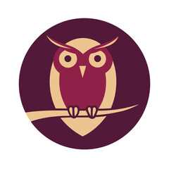 Stylized vector illustration of an owl sitting on a branch inside a circular frame