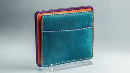 Stylish leather wallet with vibrant colors and a modern design displayed on a clear stand against a soft background