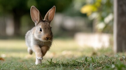 Fototapeta premium Cute rabbit running across a grassy area on a sunny day in a park setting