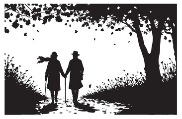 Heartwarming Silhouette of Elderly Couple Walking Hand in Hand Through Autumn Path