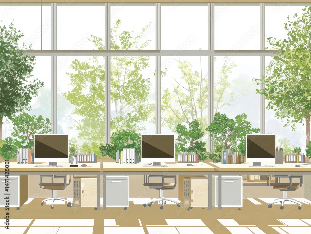 Poster bright office space with nature view illustration of desks computers and filing cabinets in a modern