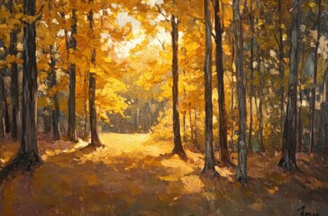 Fototapeta premium Golden sunlight through maple trees in early fall