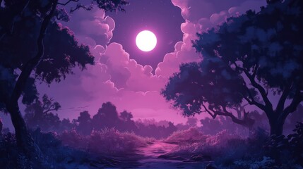 Fototapeta premium Enchanted Moonlight Night: A Serene Purple Forest Path
