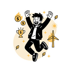 Fototapeta premium Vector illustration of a happy man jumping in celebration, surrounded by wind energy, dollar signs, leaves, and a trophy, symbolizing profit from renewable and sustainable energy growth.