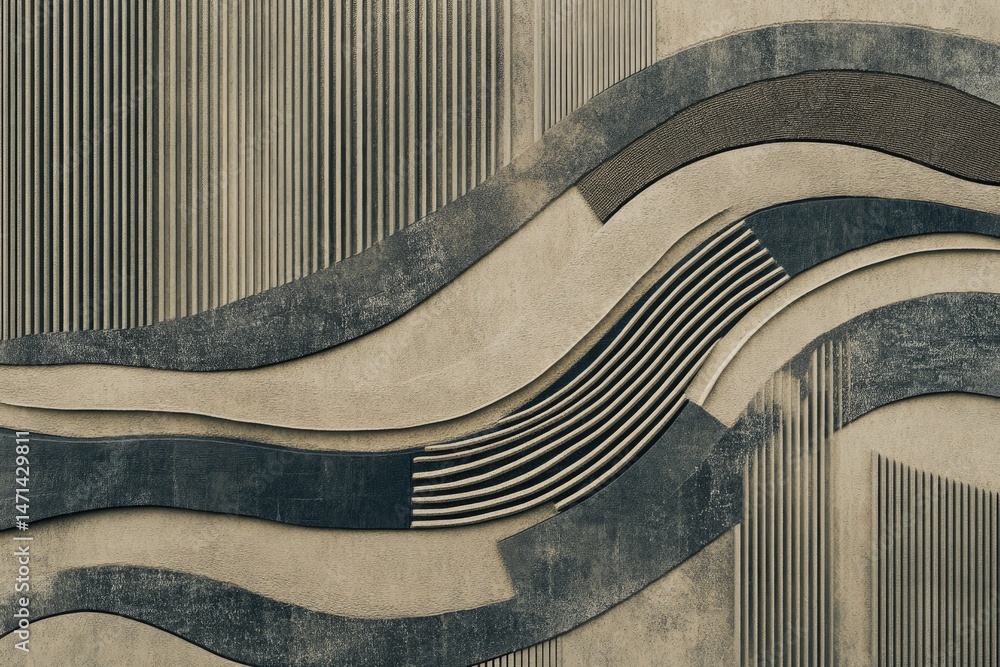 Poster abstract design with layered, textured curves and stripes in muted tones. beige, dark gray, and brow