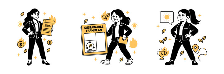 Vector illustration of women leading eco-investments, sustainable farming, and solar farm development for renewable growth.