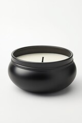 Minimalist Black Candle in Metal Container Still Life Studio Shot on White Background Elegant Home Decor Aromatherapy Relaxation