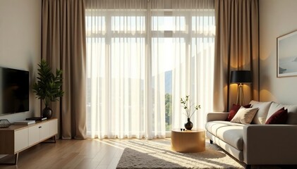 Elegant sheer curtains softly filtering sunlight in a bright living room , textile, home decoration, diffused light