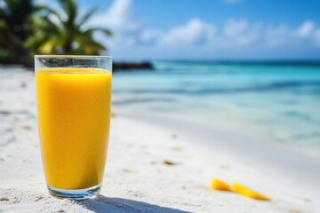 Obraz premium A vibrant mango smoothie, its rich yellow color glowing, served in a glass against a white background