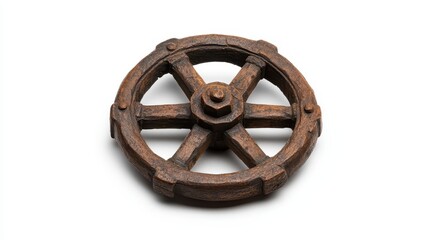 Rustic Wooden Wheel Still Life Studio Shot on White Background Antique Decorative Object Close Up View