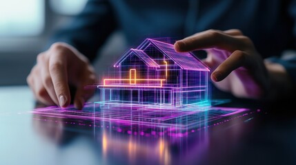 Person touches digital house model with augmented reality interface for smart home technology design.
