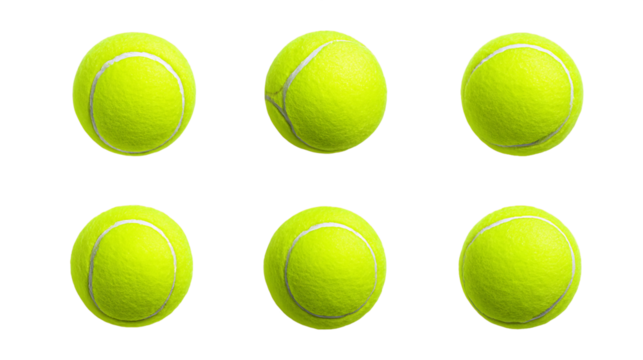 Six Yellow Tennis Balls on Transparent Background, PNG