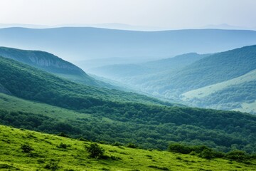 Mountain range vista. Lush green valleys