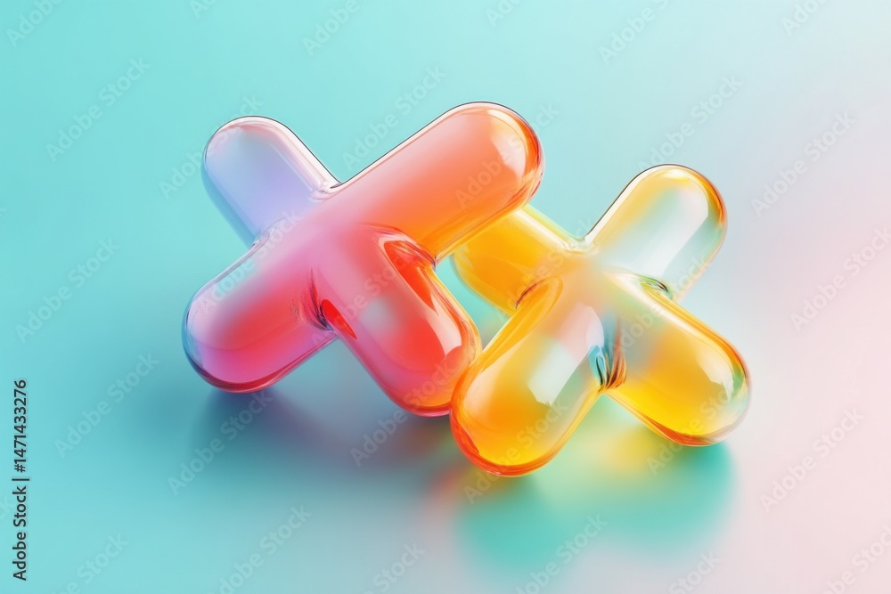 Poster two colorful glass crosses intersecting close up abstract background studio shot soft lighting moder