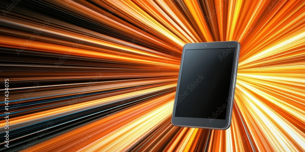 Poster A tablet floats in front of a dynamic, colorful burst of light rays, suggesting speed and advanced technology.