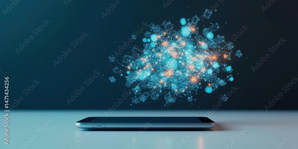 Poster a smartphone emits a glowing, digital cloud of interconnected data and icons, symbolizing technology