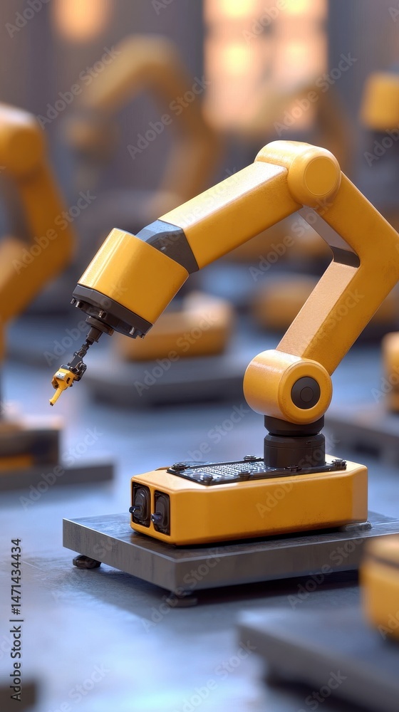 Poster robotic arms in factory setting performing automated tasks in a modern industrial environment with p