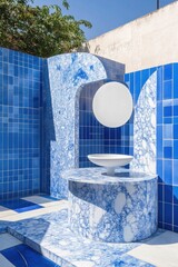 Blue Tiled Modern Outdoor Bathroom Design with Marble Accents and White Fixtures in Sunny Day