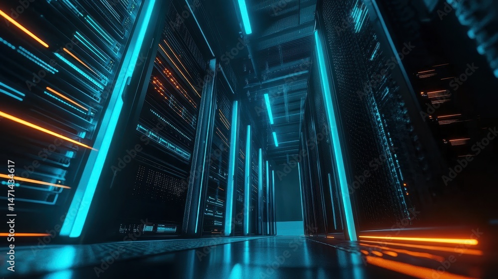 Aufkleber data center server room showcasing digital infrastructure with glowing neon lights and perspective v