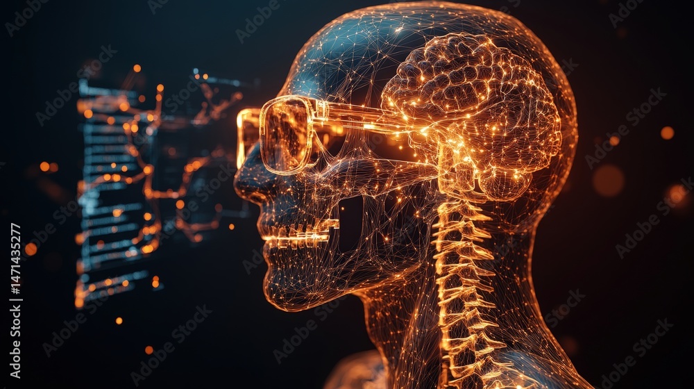 Poster artificial ligence human head with glasses showing brain structure and neural network connection dat