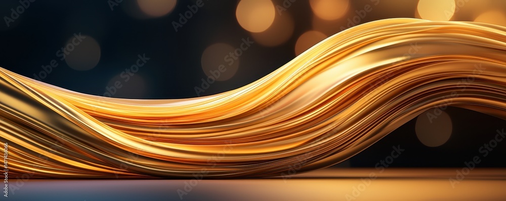 Poster Abstract golden waves flow smoothly with glowing light bokeh in the background, creating a sense of luxury and motion.