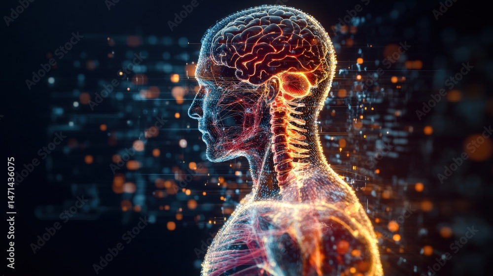 Poster human body is displayed with the brain and spinal cord illuminated showing the complexity of anatomy